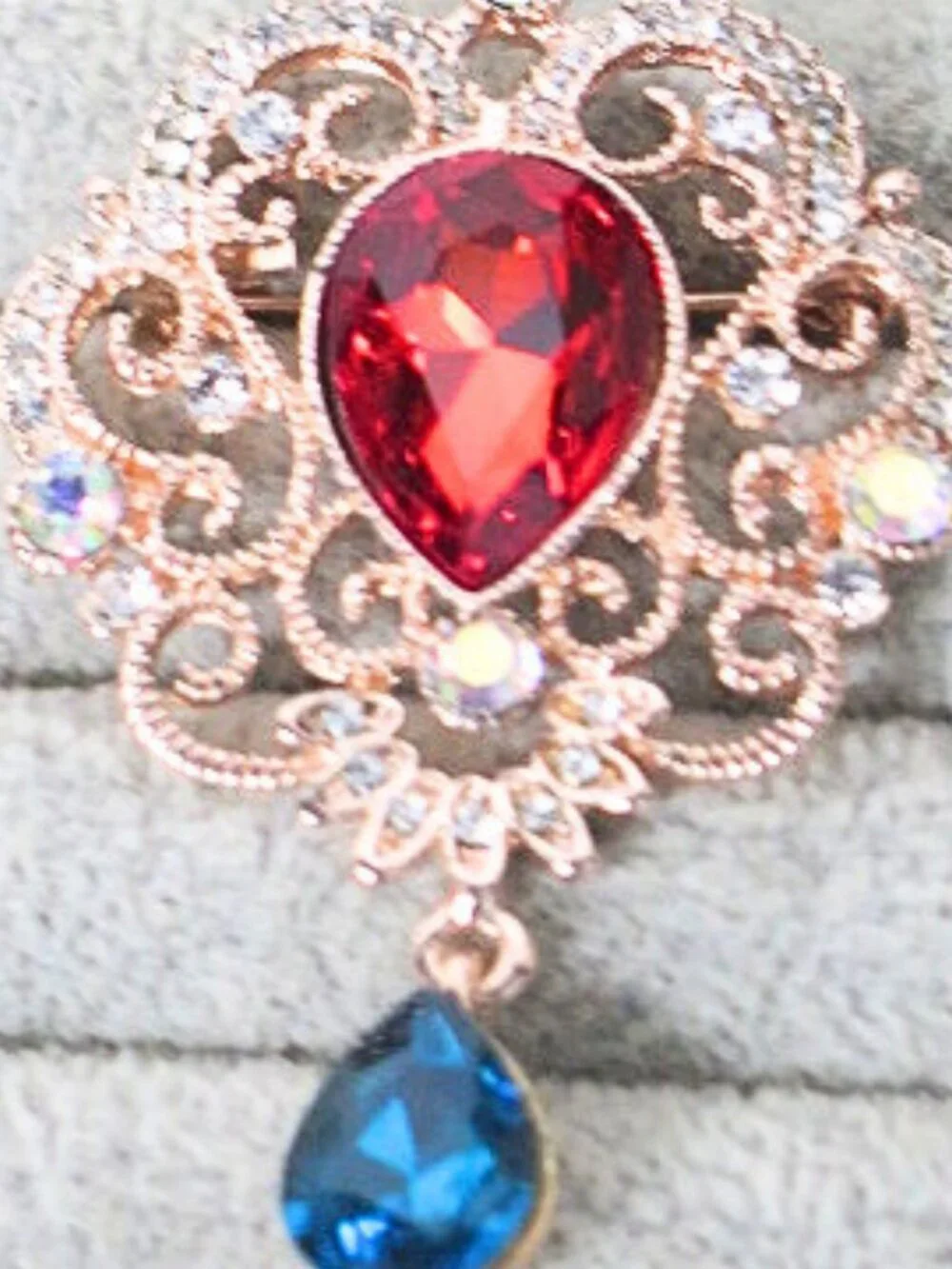 Rose Gold Tone Red & Blue Rhinestone Teardrop Dangle Brooch Pin
